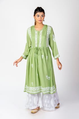 Ladies New Green Colour Rayon Cotton Hand Chikankari Gown Kurti