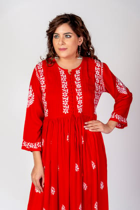 Ladies New Red Colour Rayon Cotton Hand Chikankari Gown Kurti