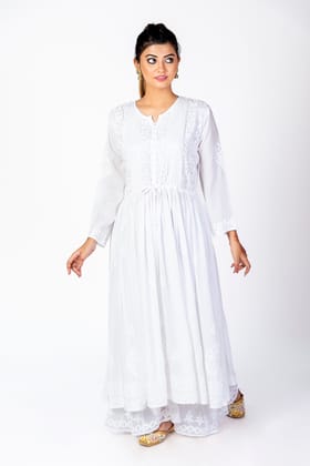 Ladies New White Colour Rayon Cotton Hand Chikankari Gown Kurti