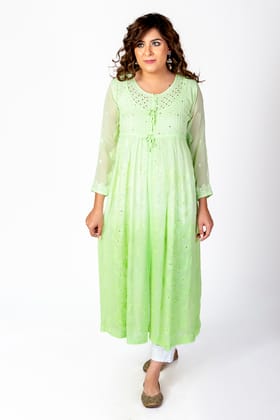 Ladies New Green Colour Viscose Cotton Hand Chikankari Gown Kurti