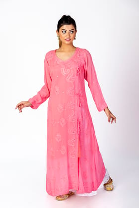 Ladies New Rose Pink Viscose Cotton Hand Chikankari Gown Kurti