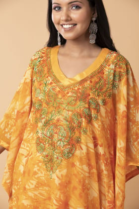 Ladies New Orange\Yellow Colour Kaftan Semi Georgette Hand Chikankari Gown