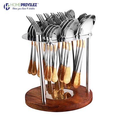 Nora cutlery-Stainless Steel and gold coated 24 pcs set in Stainless Steel stand with wooden base Nora cutlery-Stainless Steel and gold coated 24 pcs set in Stainless Steel stand with wooden base