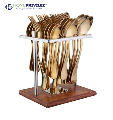 Aster Stainless Steel PVD gold cutlery set of 24 pcs in Stainless Steel stand with wooden base Aster Stainless Steel PVD gold cutlery set of 24 pcs in Stainless Steel stand with wooden base