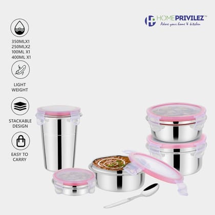 "Steel-Fresh" Stainless Steel Air Tight and Leak Proof Lunchbox-350mlx1,250mlx2 pcs, 100mlx1 and Glass 400ml (Set of 5 Combo) "Steel-Fresh" Stainless Steel Air Tight and Leak Proof Lunchbox-350mlx1,250mlx2 pcs, 100mlx1 and Glass 400ml (Set of 5 Combo)