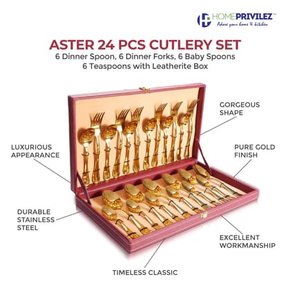 Aster (PVD gold) Stainless Steel Cutlery in Leatherite Box (24Pcs) Aster (PVD gold) Stainless Steel Cutlery in Leatherite Box (24Pcs)
