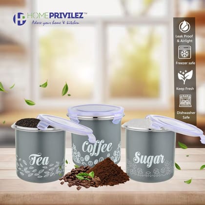 “Flip & Seal “Stainless Steel Air Tight Storage Container- Tea, Coffee & Sugar Set of 3 in Grey colour(1350mLx3) “Flip & Seal “Stainless Steel Air Tight Storage Container- Tea, Coffee & Sugar Set of 3 in Grey colour(1350mLx3)