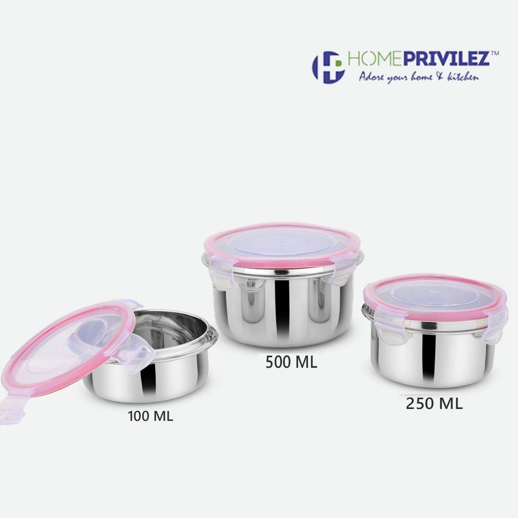 “Flip & Seal “ Stainless Steel Air Tight Storage Container- Set of 3(100mL,250mL,500mL)