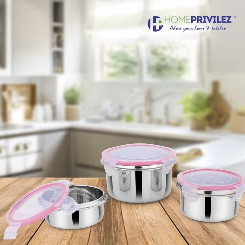 “Flip & Seal “ Stainless Steel Air Tight Storage Container- Set of 3(100mL,250mL,500mL)