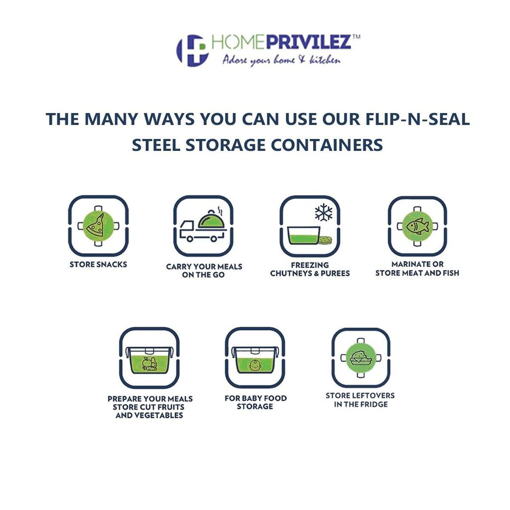 "Flip & Seal" Stainless Steel Airtight Flat Storage Container ( 700mL,1000ml & 1250mL)