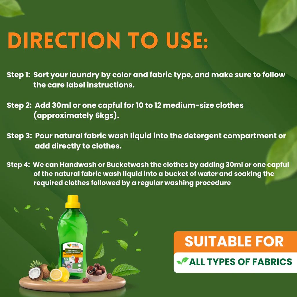 Herbal Strategi Natural Fabric Wash | Liquid Laundry Detergent for Top Load & Front Load Washing Machine | Suitable For All Fabrics | Skin Safe, Baby Safe | 1 Litre