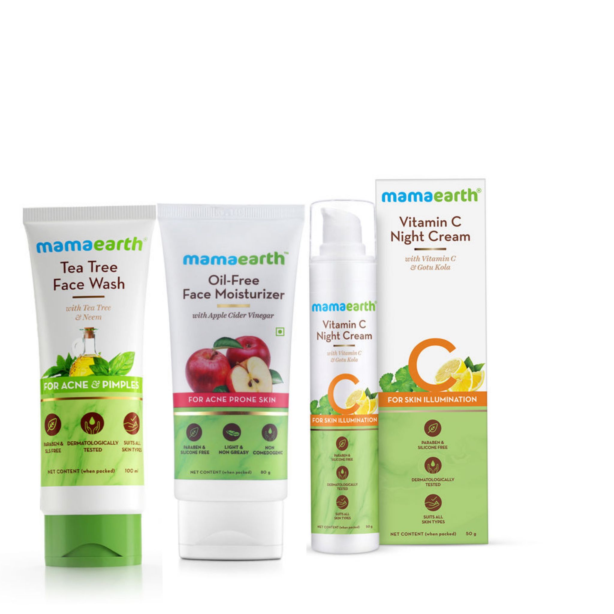 Mamaearth tea tree facewash (100 ml) + Mamaearth apple cider vinegar Moisturizer(80 gm) + Mamaearth Vit C night cream (50 gm) Pack of 3