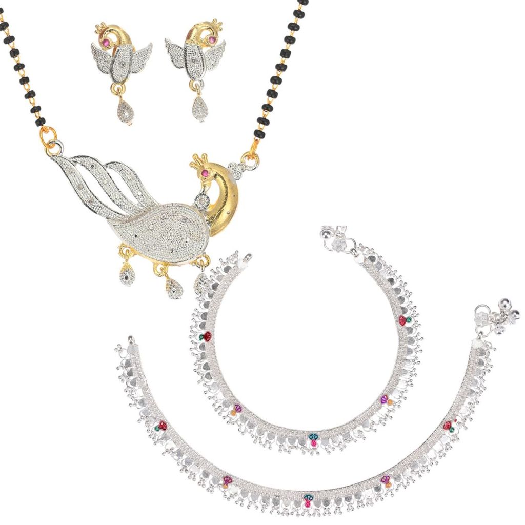AanyaCentric Jewelry Set of Silver Plated Anklet and Gold-Plated Mangalsutra Pendant Earring