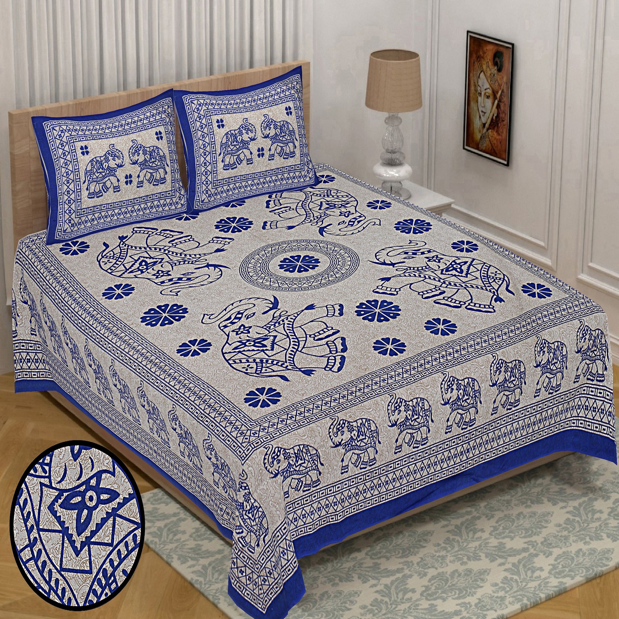 Queen Size (90x100 inches) Cotton Double Bedsheet with 2 Pillow Covers – (Bada Haati)