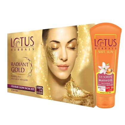Lotus Herbals Radiant Gold Cellular Glow Facial Kit (Single Use) (37g) + Lotus Herbals Safe Sun UV Screen Matte Gel PA+++ SPF - 50 (100g) Pack of 2 Lotus Herbals Radiant Gold Cellular Glow Facial Kit (Single Use) (37g) + Lotus Herbals Safe Sun UV Screen Matte Gel PA+++ SPF - 50 (100g) Pack of 2