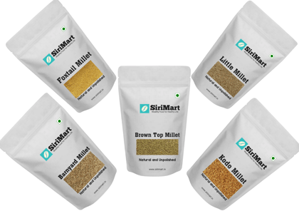 SiriMart Unpolished Millets in Combo Pack of 5 x 250gm (Foxtail 250gm, Barnyard 250gm, Kodo250gm, Little250gm, Brown top 250gm) | 250gm Each Millet | 1.25kg | Starter Combo Pack (Healthy Diabetic food)