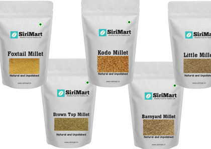 SiriMart Unpolished 5 Millets Combo Pack Offer (750gm x 5) | 5 Positive Siridhanya Millets Unpolished & Organic | Dr Khader Vali Millets | Browntop, Foxtail, Kodo, Little, Barnyard Millet