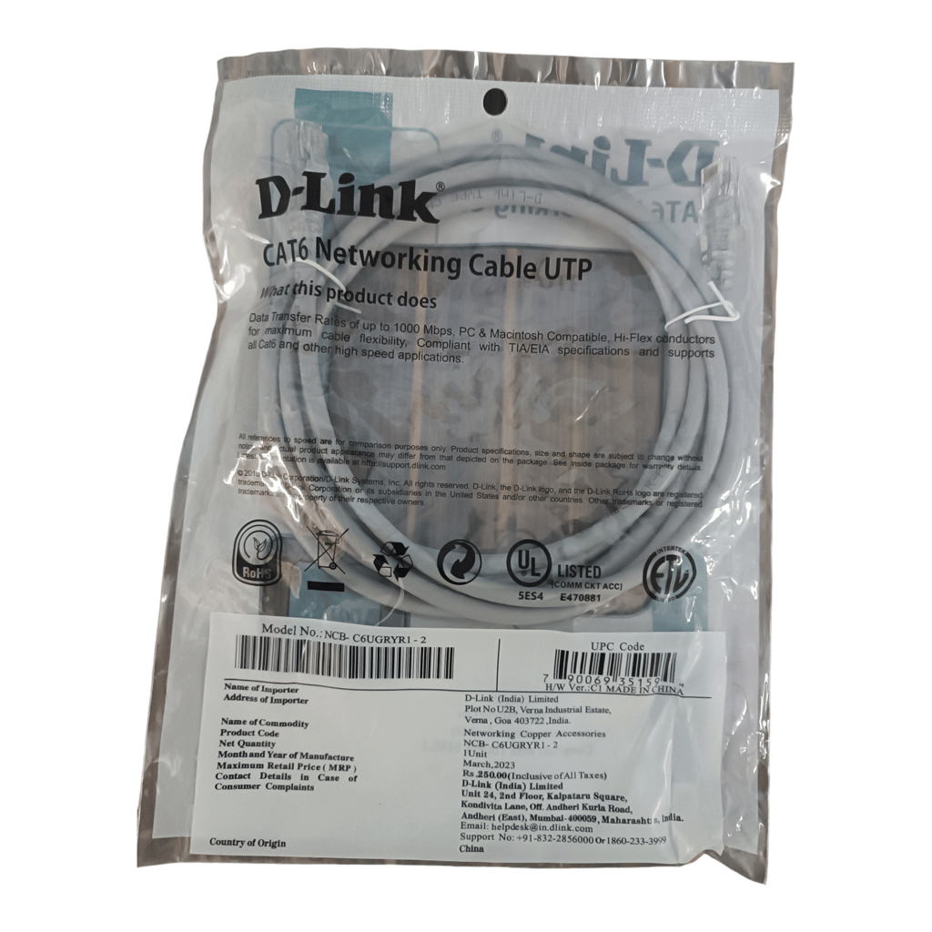 Connect & Conquer: Premium D-Link Cat6 Ethernet Cable 2m - High-Speed Data Transfer, Reliable Signal, Grey, Sleek Design