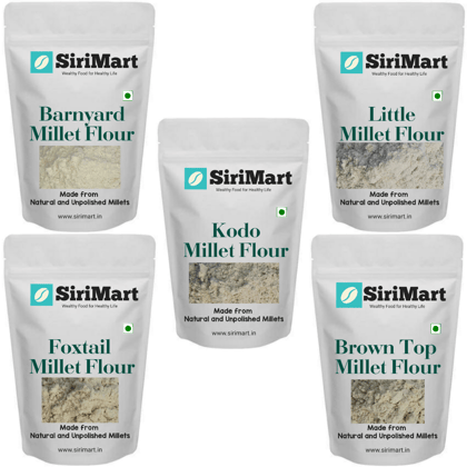SiriMart - Siridhanya (Unpolished & Organic) Natural millets Flour Combo Pack of 5, kodo 350gm, little 350gm, brown top 350gm, barnyard 350gm, foxtail 350gm.