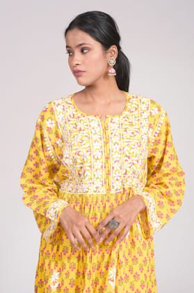 Ladies New Mustard Colour Cotton Hand Chikanakri Gown