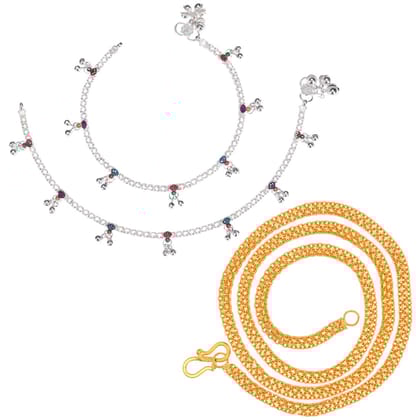 AanyaCentric Latest Silver Plated Anklets & 22 inch Long Gold Plated Chain - Stylish Women and Girls Accessories