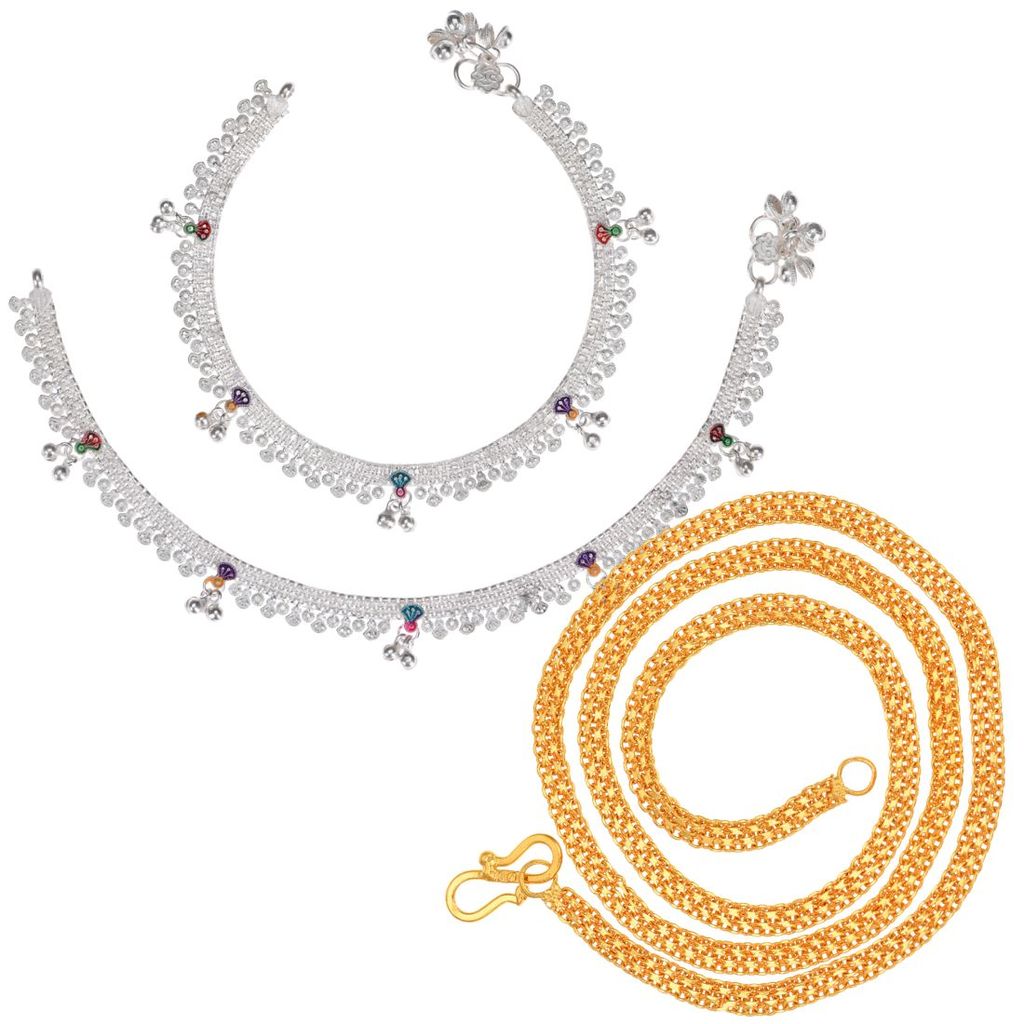 AanyaCentric Latest Silver Plated Anklets & 22inches Long Gold Plated Chain - Stylish Women and Girls Accessories
