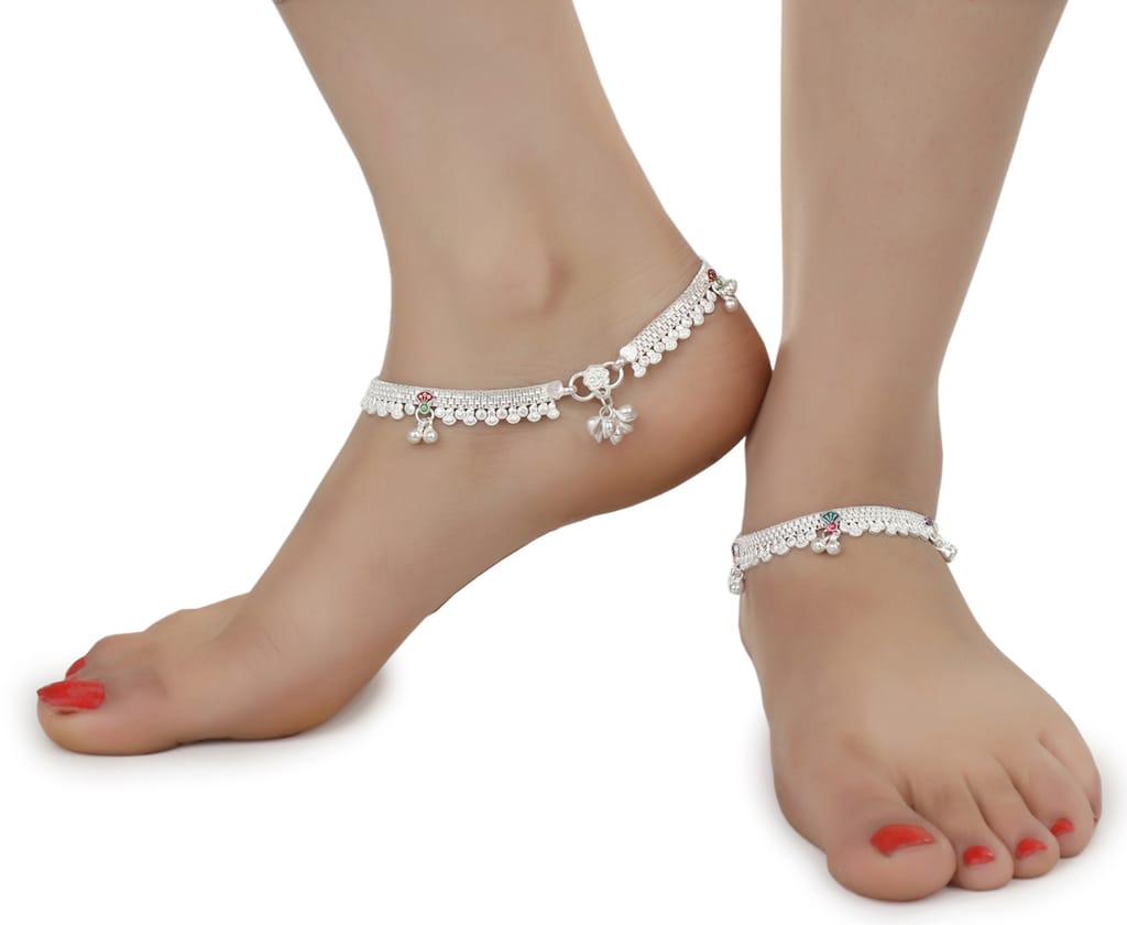 AanyaCentric Latest Silver Plated Anklets Pair & 22 inch Gold Plated Chain - Stylish Women's and Girls' Jewelry Set