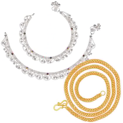 AanyaCentric Latest Silver Plated Anklets Pair & 22 inches Gold Plated Chain - Stylish Women and Girls Accessories