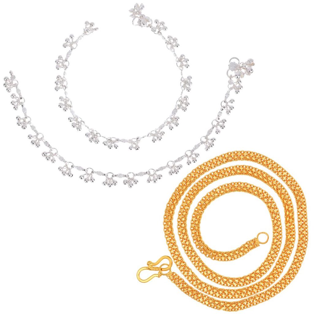 AanyaCentric Latest Silver Plated Anklets & 22inch Long Gold Plated Chain - Stylish Women and Girls Accessories