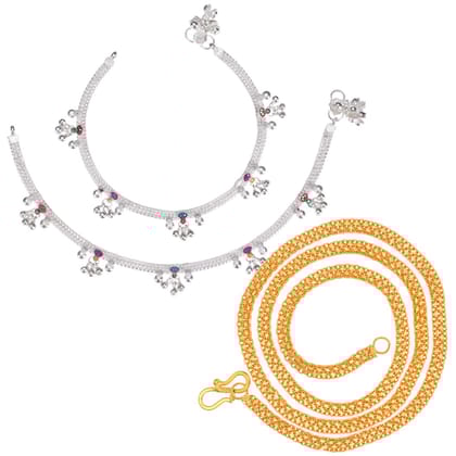 AanyaCentric Latest Silver Plated Anklets & 22" Long Gold Plated Chain - Stylish Women and Girls Accessories