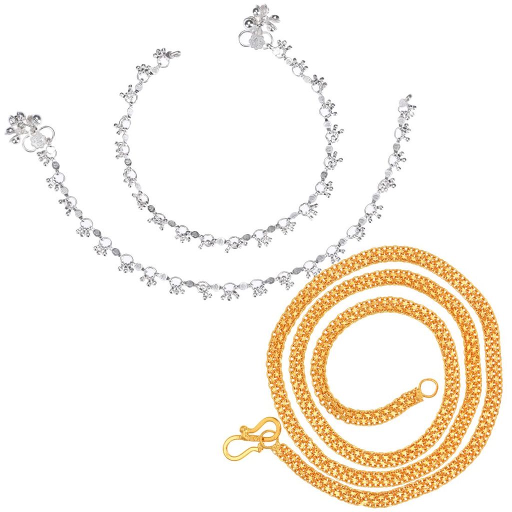 AanyaCentric Latest Silver Plated Anklets Pair & 22inch Gold Plated Chain - Stylish Women and Girls Accessories