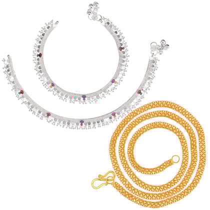 AanyaCentric Latest Silver Plated Anklets & 22 inches Gold Plated Chain - Stylish Women and Girls Accessories