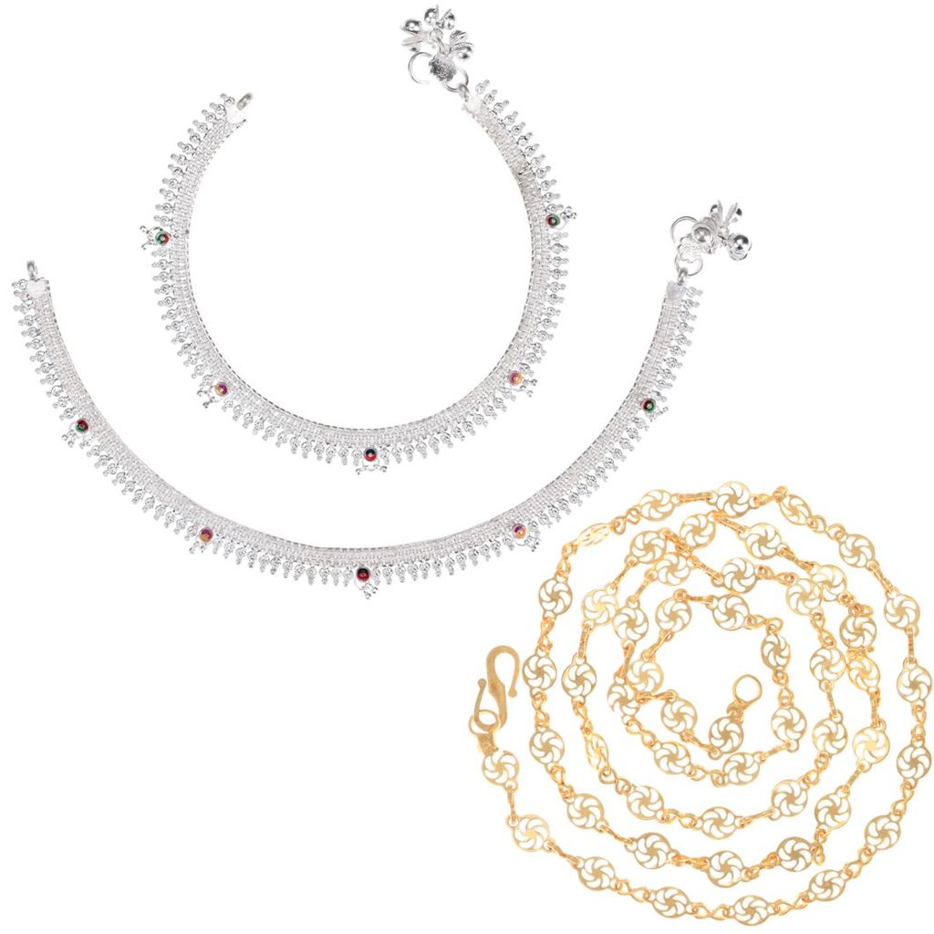 AanyaCentric Elegant Silver Plated Anklets and 22inchces Gold Plated Chain - Stylish Women's and Girls' Accessories