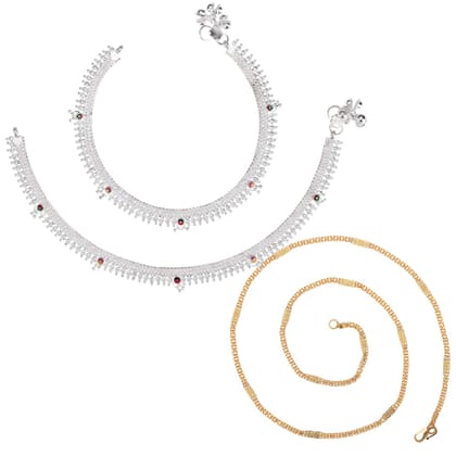 AanyaCentric Latest Silver Plated Anklets & 22" Long Gold Plated Chain Stylish Women and Girls Jewelry Set