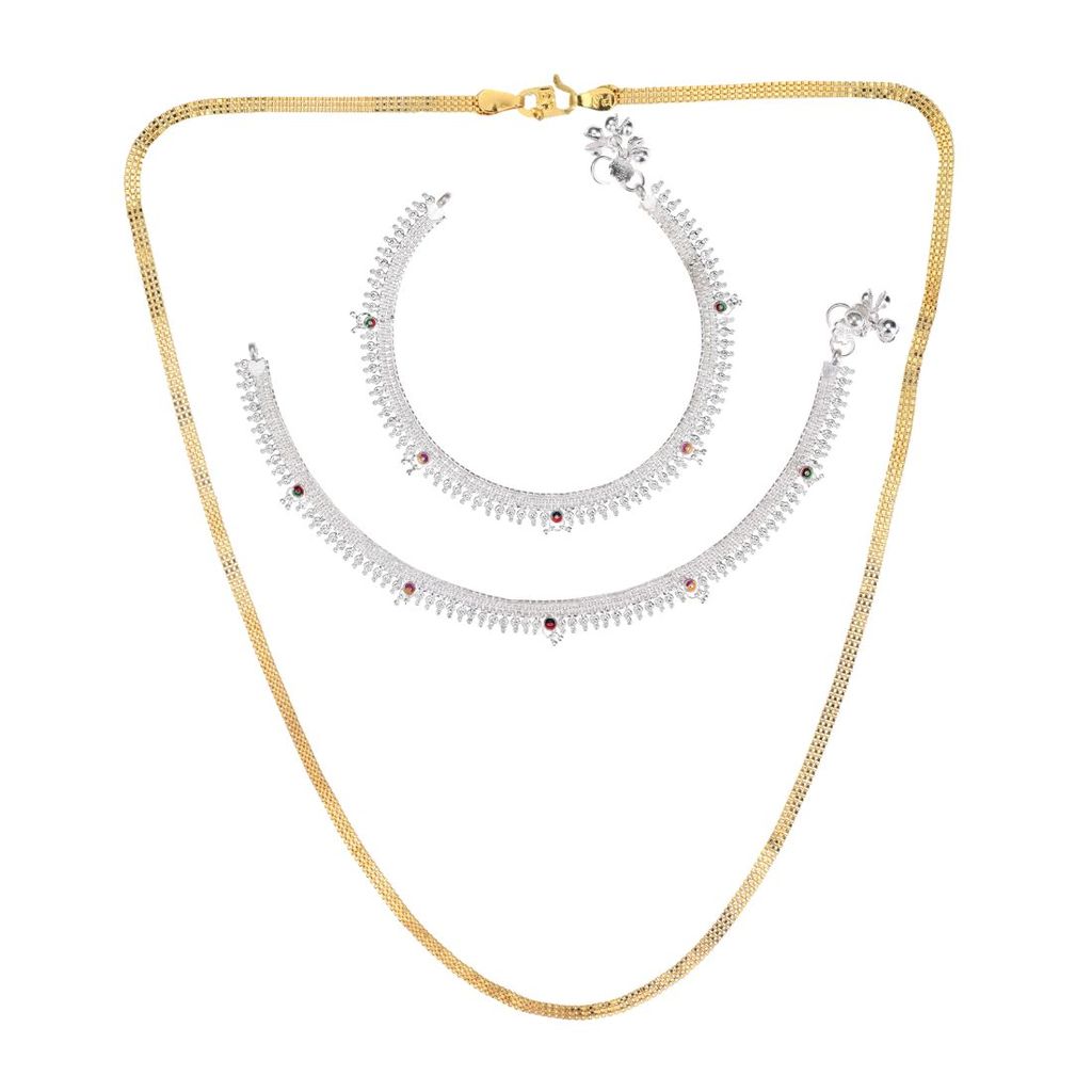 AanyaCentric Latest Silver Plated Anklets Pair & 22inch Gold Plated Chain Stylish Women and Girls Jewelry Set