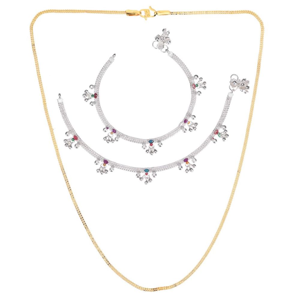 AanyaCentric Elegant Silver Plated Anklets & 22 inches Long Gold Plated Chain Stylish Women's and Girls' Jewelry Set