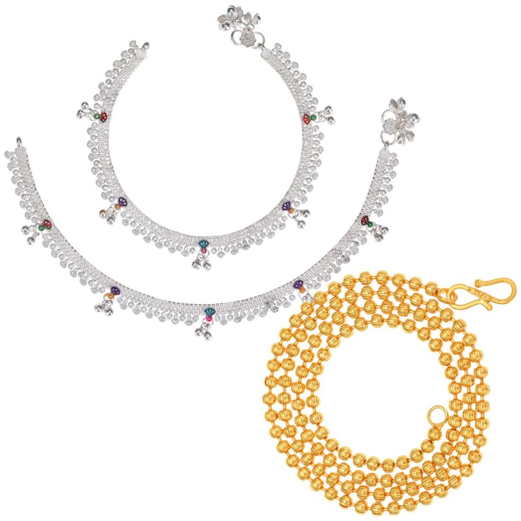 AanyaCentric Elegant Silver Plated Anklets & 22 inches Gold Plated Chain Stylish Women's and Girls' Jewelry Set
