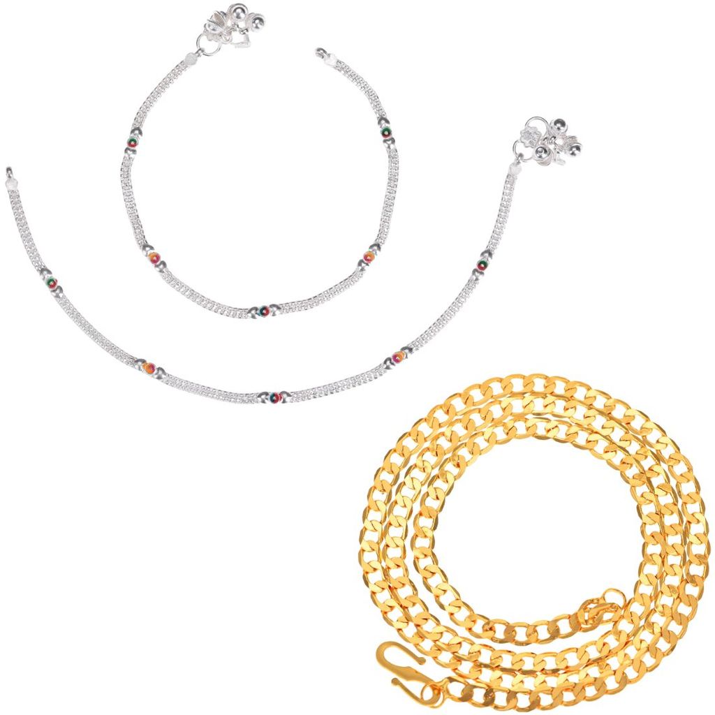 AanyaCentric Latest Silver Plated Anklets Pair & 22 inches Long Gold Plated Chain Stylish Women's and Girls' Jewelry Set