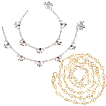 AanyaCentric Latest Silver Plated Anklets & 22 inches Long Gold Plated Chain Stylish Women's and Girls' Jewelry Set