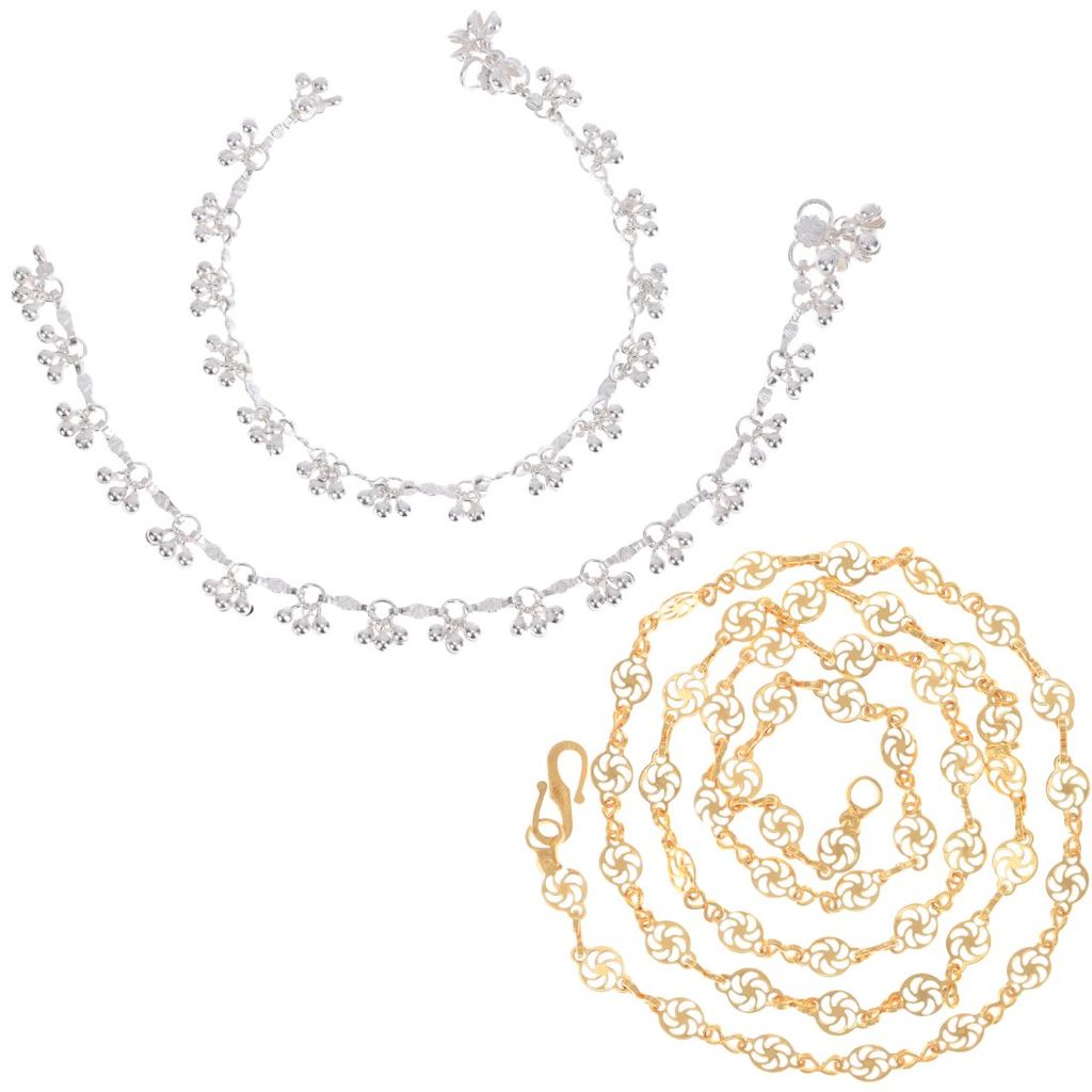 AanyaCentric Latest Silver Plated Anklets & 22inch Long Gold Plated Chain Stylish Women's and Girls' Jewelry Set