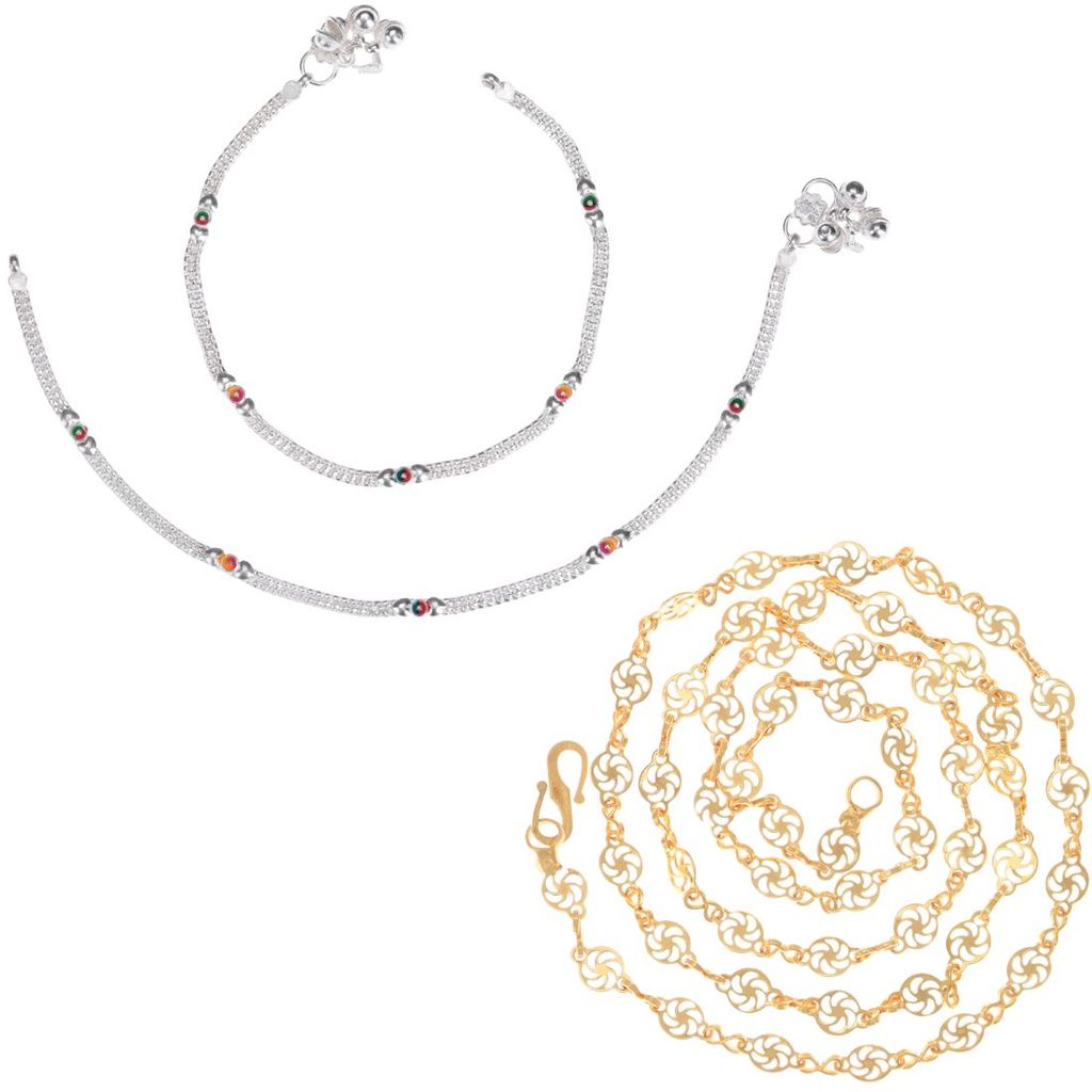 AanyaCentric Latest Silver Plated Anklets Pair & 22inches Gold Plated Chain Stylish Women's and Girls' Jewelry Set