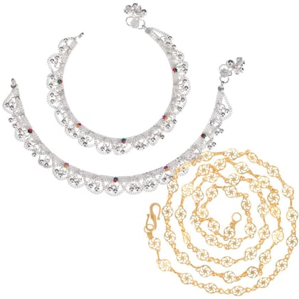 AanyaCentric Latest Silver Plated Anklets Pair & 22 inches Gold Plated Chain Stylish Women's and Girls' Jewelry Set