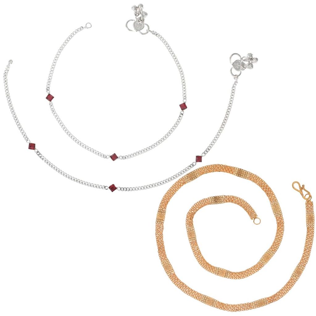 AanyaCentric Latest Silver Plated Anklets & 22 inch Gold Plated Chain Stylish Women's and Girls' Jewelry Set