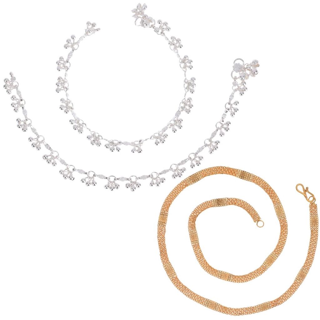 AanyaCentric Latest Silver Plated Anklets Pair & 22 inches Long Gold Plated Chain - Stylish Women's and Girls' Jewelry Set