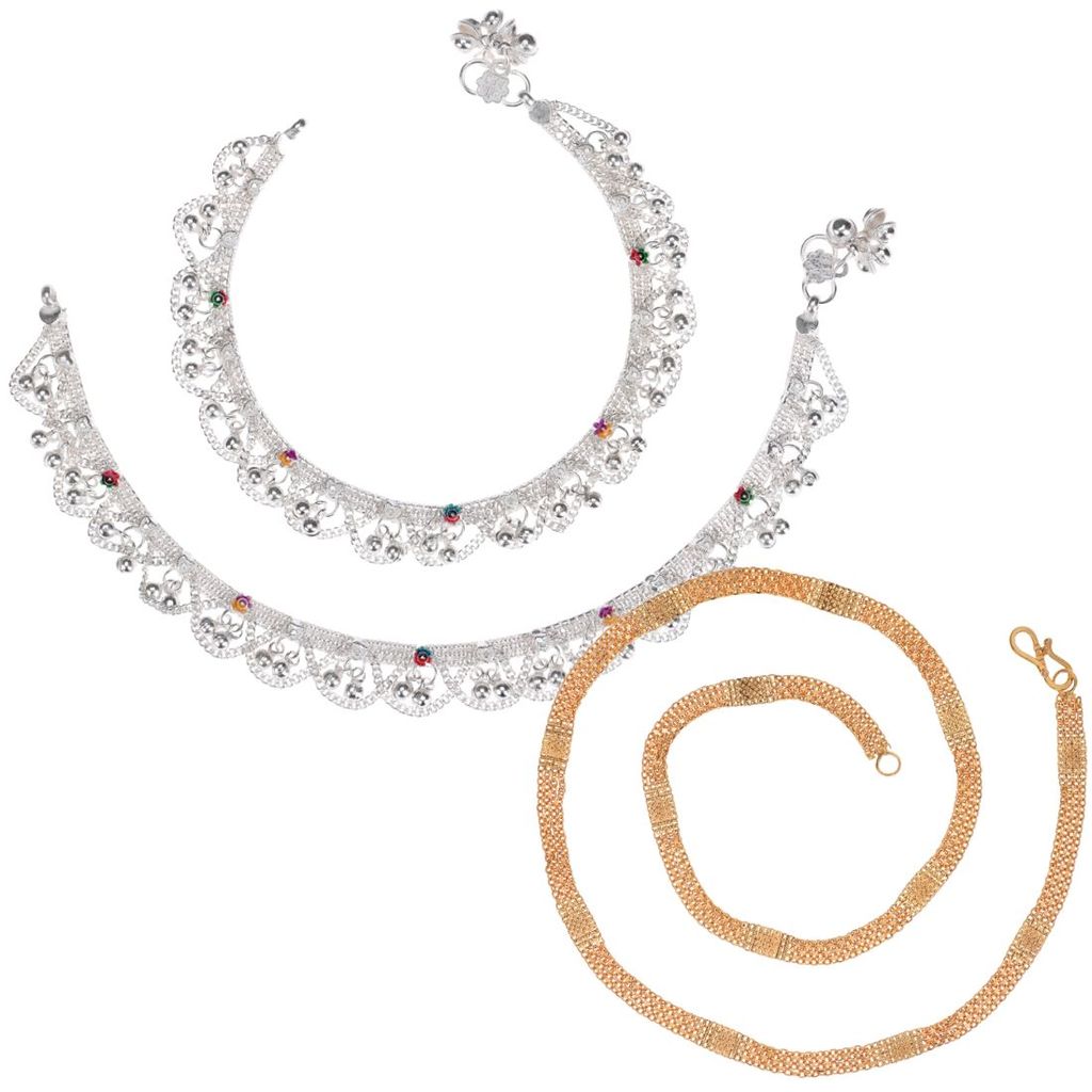 AanyaCentric Latest Silver Plated Anklets Pair & 22inches Long Gold Plated Chain - Stylish Women's and Girls' Jewelry Set