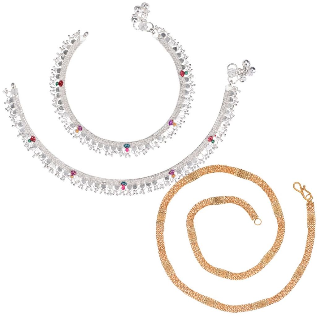 AanyaCentric Latest Silver Plated Anklets & 22inches Long Gold Plated Chain - Stylish Women's and Girls' Jewelry Set