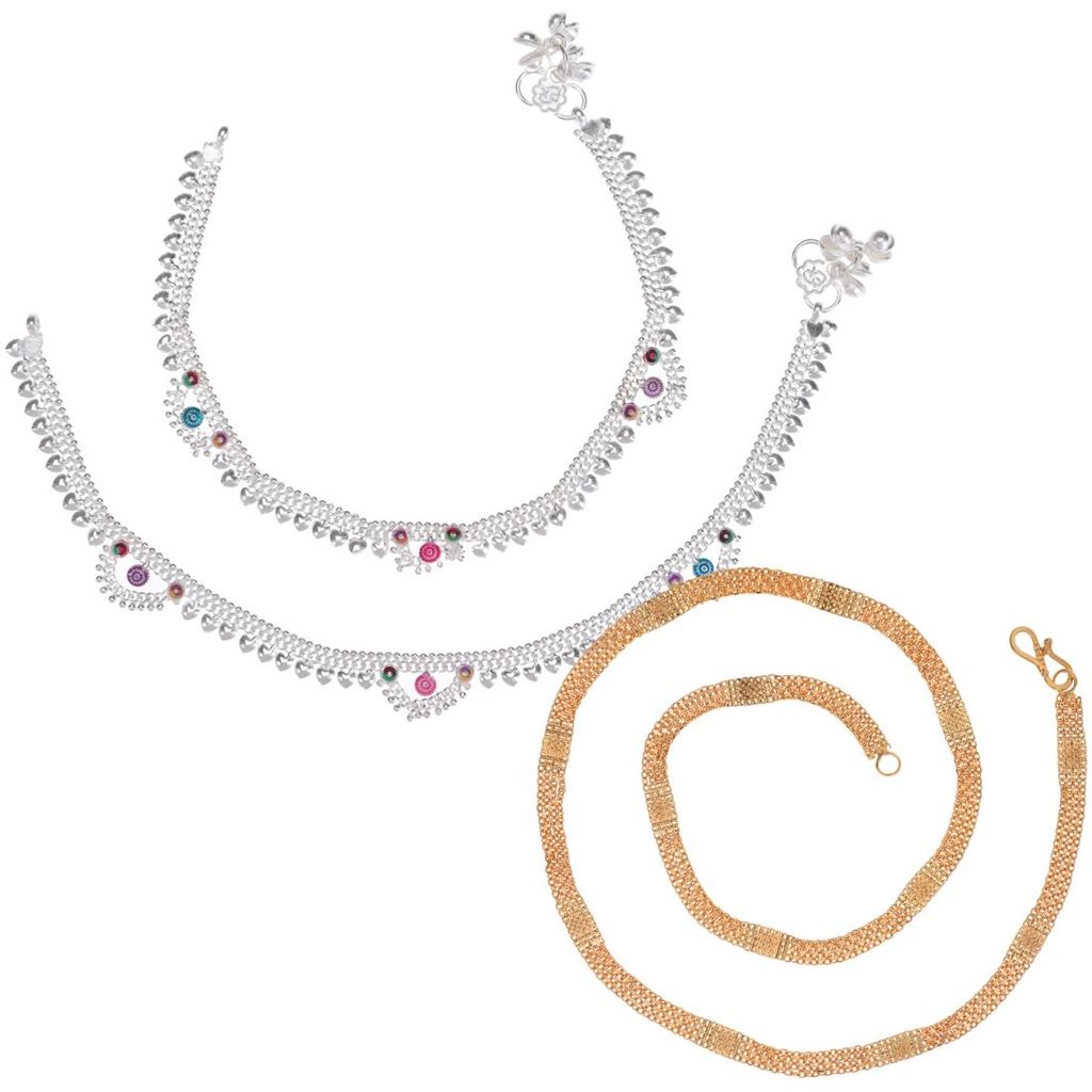 AanyaCentric Latest Silver Plated Anklets & 22 inch Long Gold Plated Chain - Stylish Women's and Girls' Jewelry Set