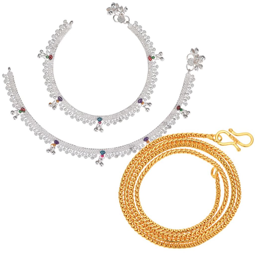 AanyaCentric Latest Silver Plated Anklets Pair & 22 inch Gold Plated Chain - Stylish Women's and Girls' Jewelry Set