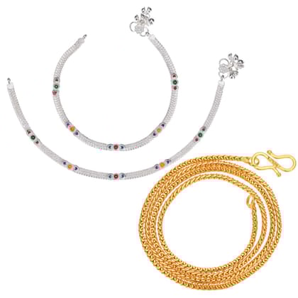 AanyaCentric Latest Silver Plated Anklets & 22 inches Gold Plated Chain - Stylish Women's and Girls' Jewelry Set