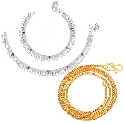 AanyaCentric Latest Silver Plated Anklets & 22" Gold Plated Chain - Stylish Women's and Girls' Jewelry Set